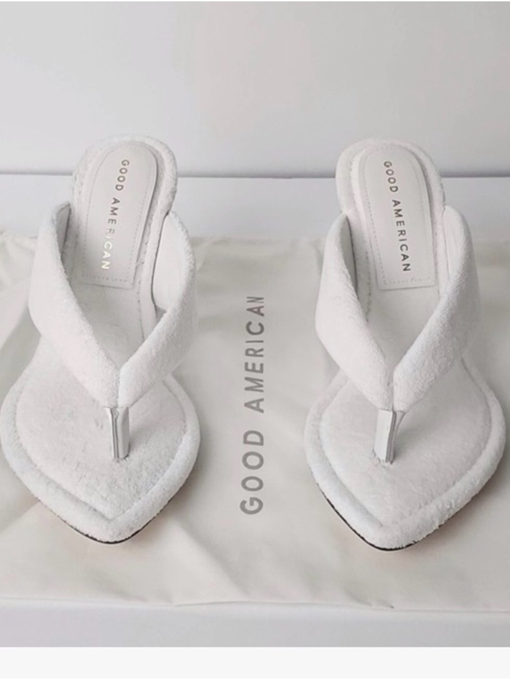 Good American White Plush Thong Wedge Sandals